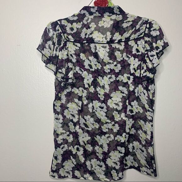 TWENTY ONE Sheer Ruffled Purple Floral Button-up Blouse Medium - Picture 2 of 7
